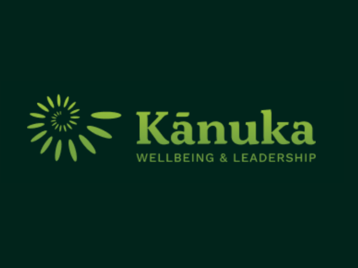 A logo for kanuka wellbeing and leadership on a dark green background.