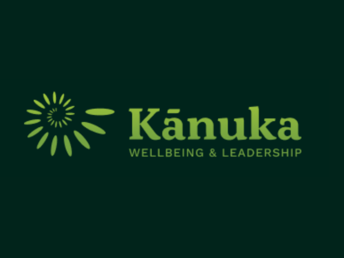 A logo for kanuka wellbeing and leadership on a dark green background.