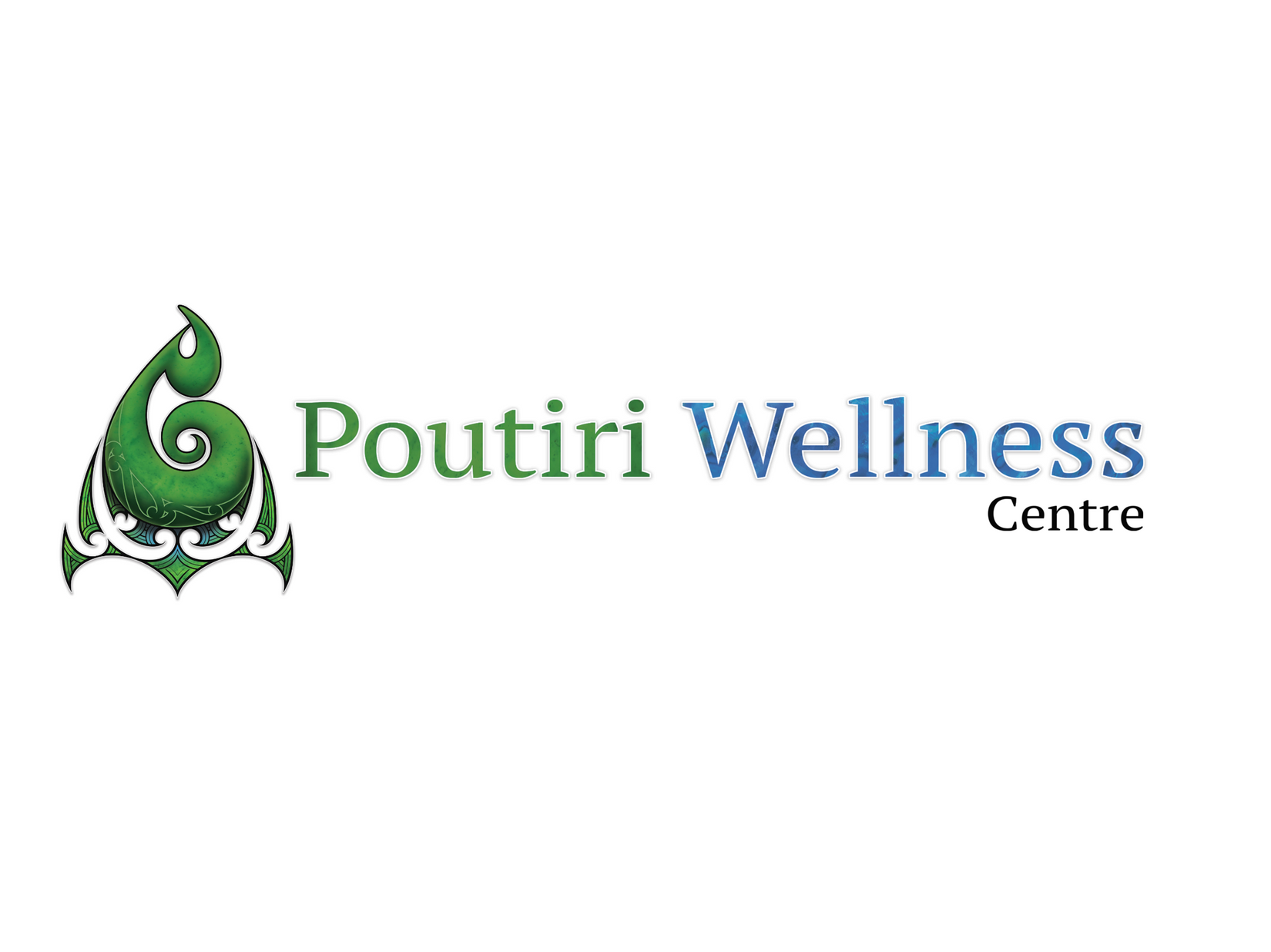 The logo for poutiri wellness centre is green and blue.
