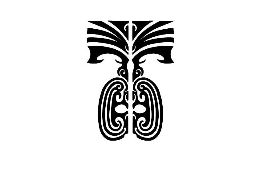 A black and white image of a tribal tattoo on a white background.