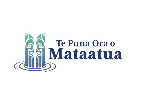 A logo for te puna ora o mataatua with a waterfall in the middle.