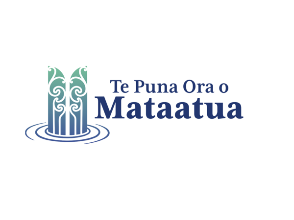 A logo for te puna ora o mataatua with a waterfall in the middle.