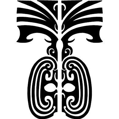 A black and white silhouette of a tribal design on a white background.