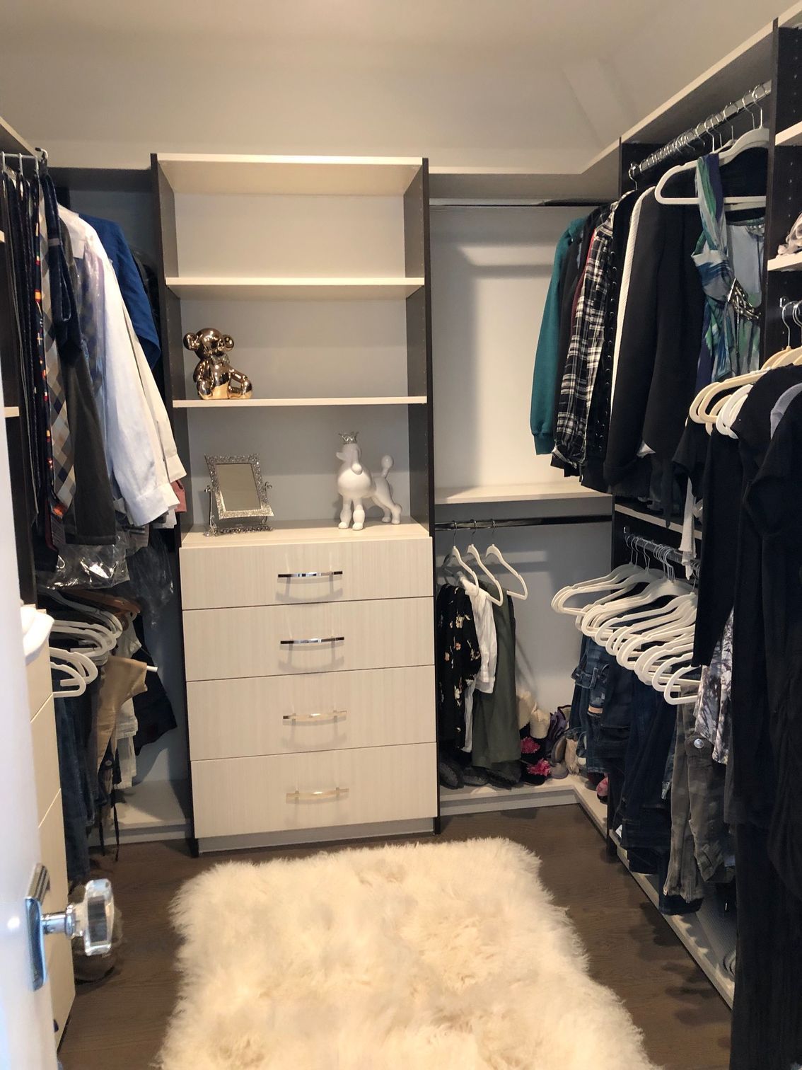 A walk in closet filled with lots of clothes and a rug.