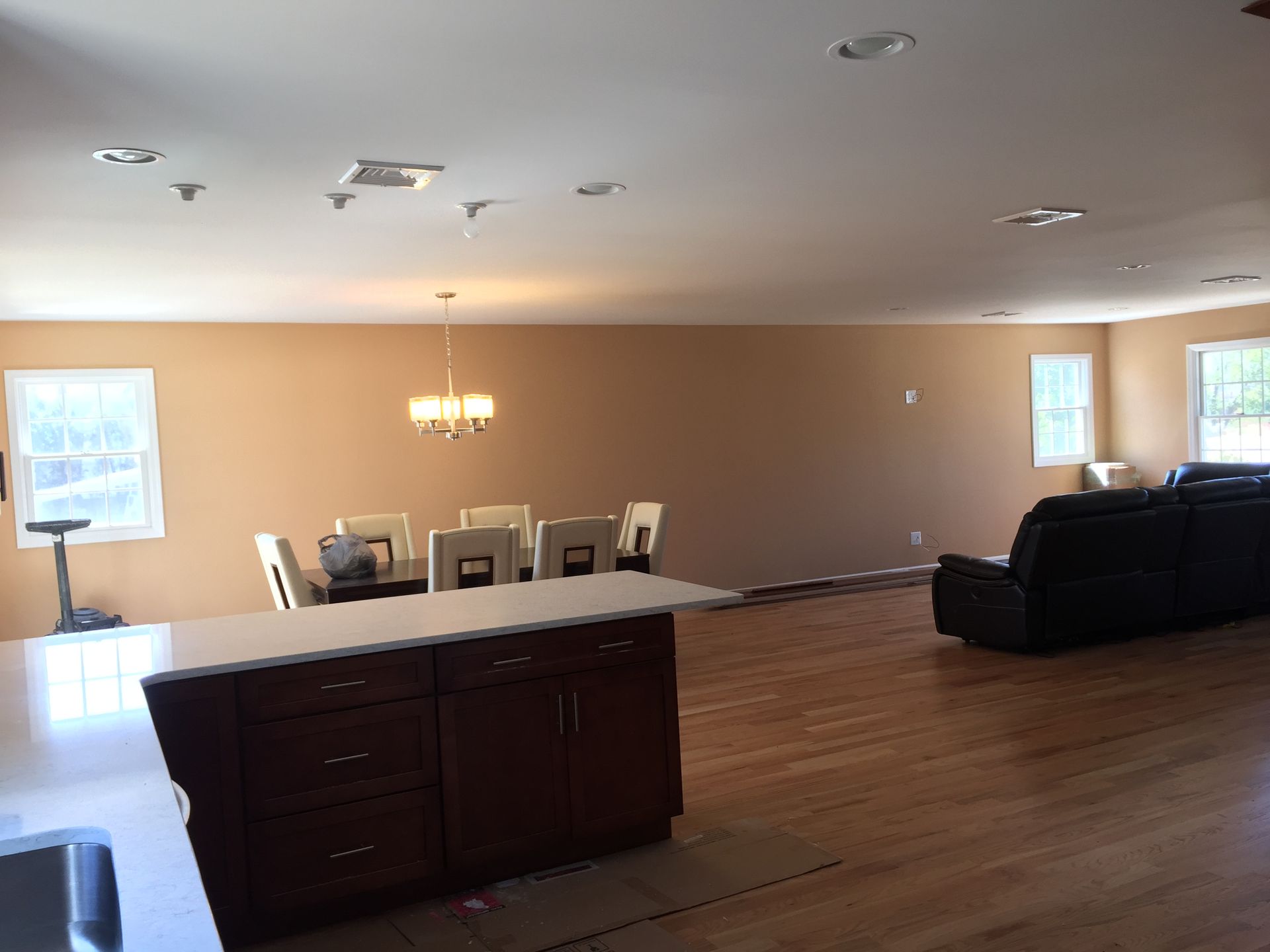 A living room with a dining room table and chairs and a couch.