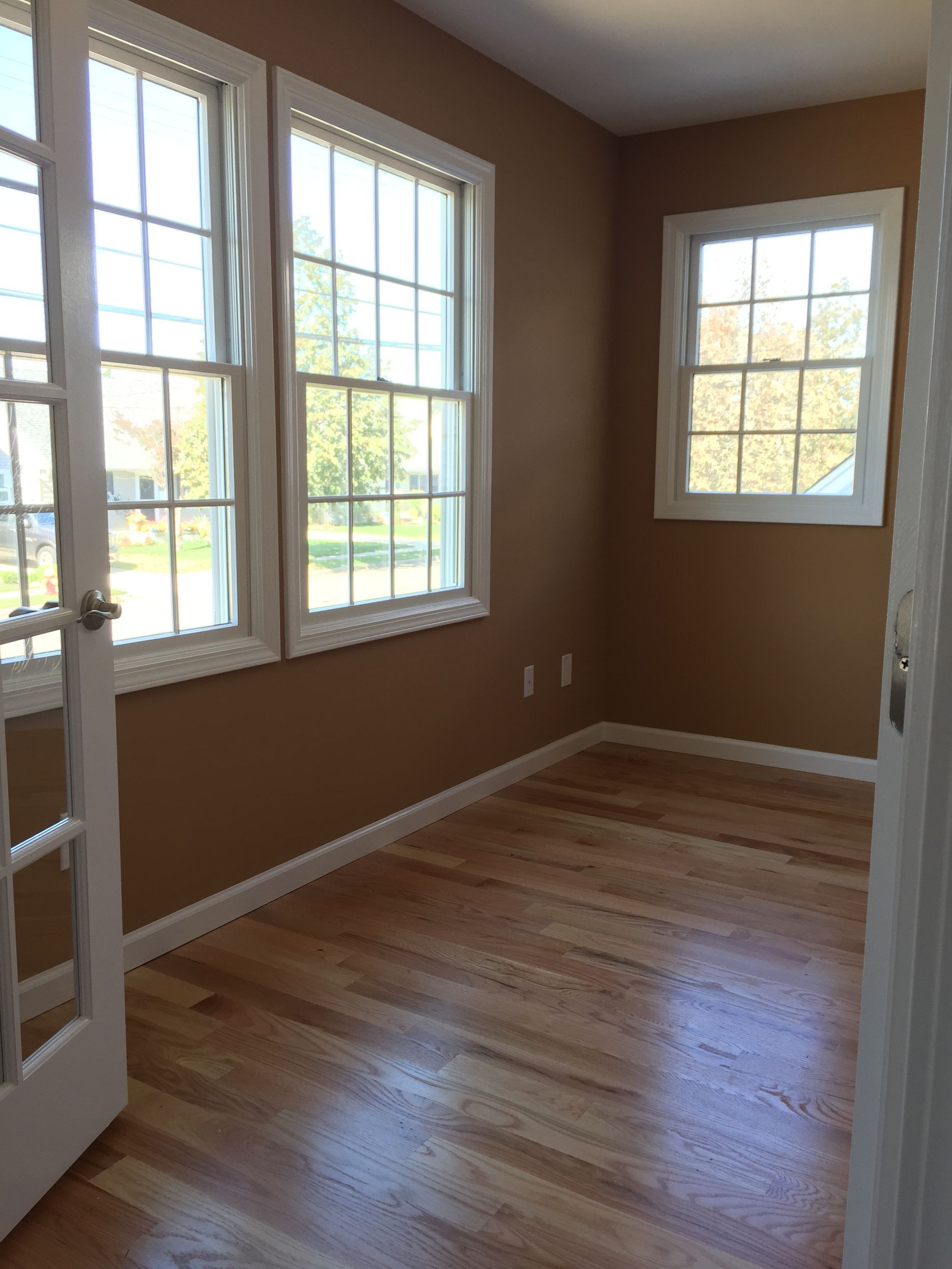 An empty room with hardwood floors and two windows