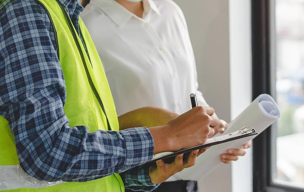 A man and a woman are standing next to each other looking at a clipboard.