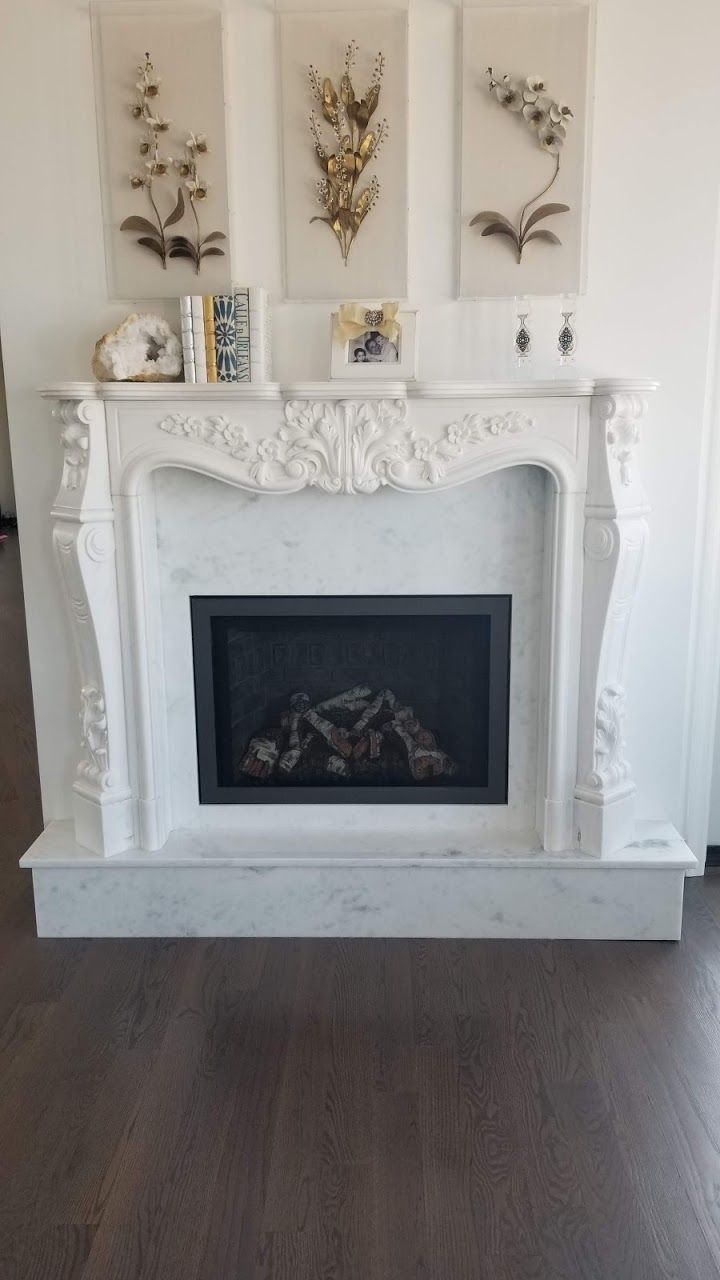 There is a fireplace in the middle of the room.