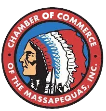 The logo for the massapequas chamber of commerce is a native american chief wearing a headdress.