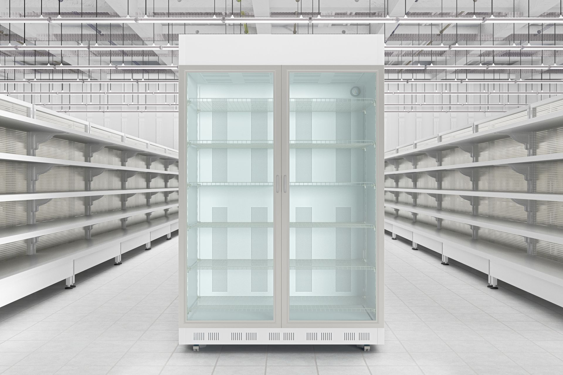 An empty refrigerator in a supermarket aisle.