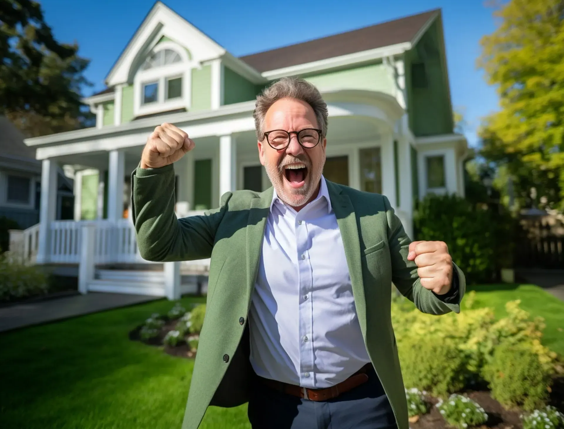 Man cheering in front of a house, fists raised, wearing a green blazer and glasses