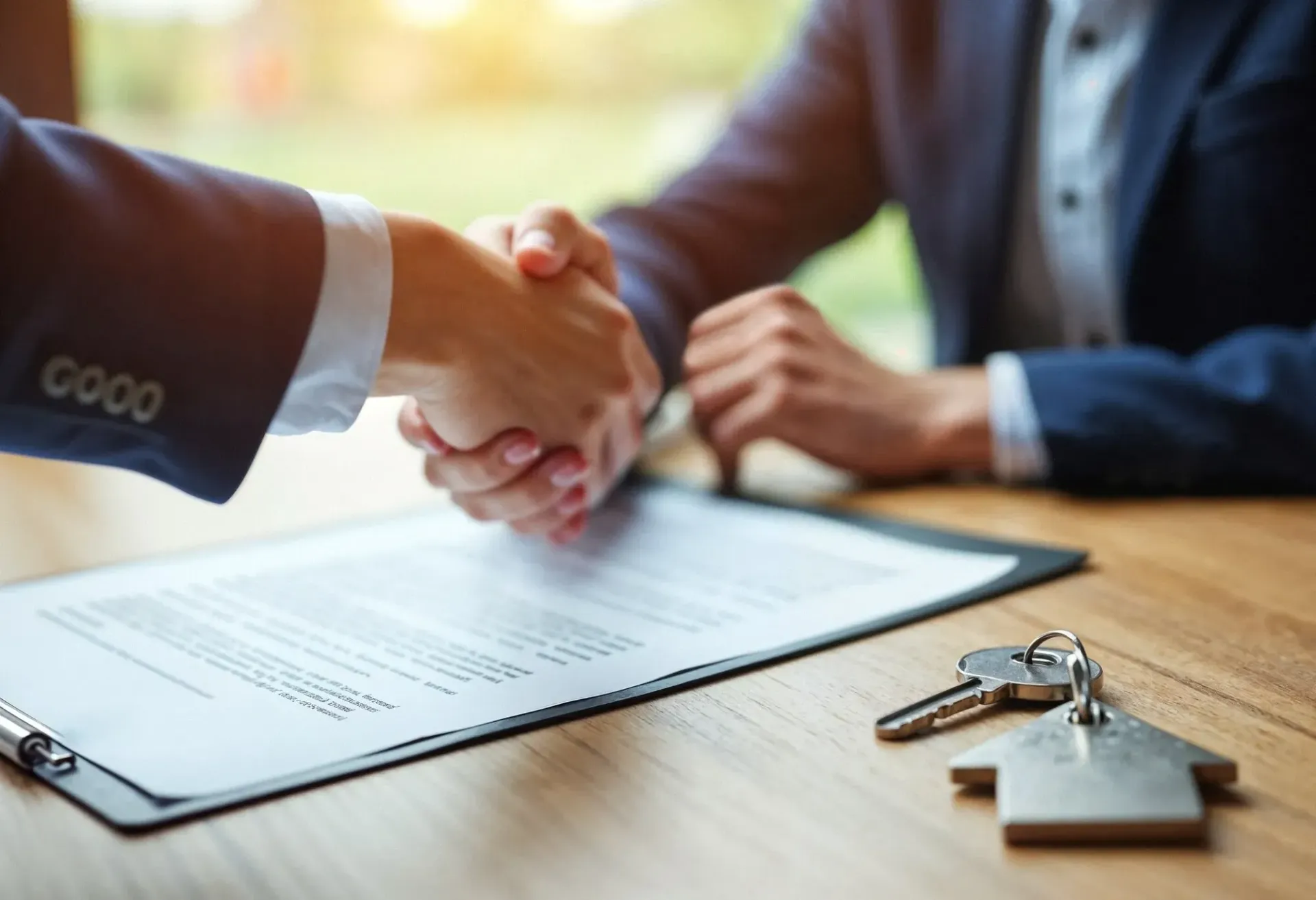 Two people shaking hands over a signed contract, with house keys on the table