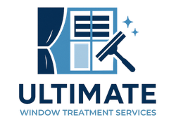 Logo: blue window with curtain, squeegee, and text
