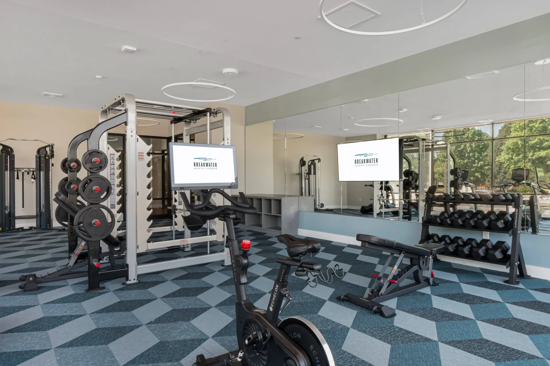 Breakwater North Harbor fitness center with weights.