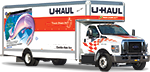 A white and orange U-Haul 26" truck parked on a white background
