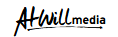 AHwill media logo in black script with a blue underline on a white background