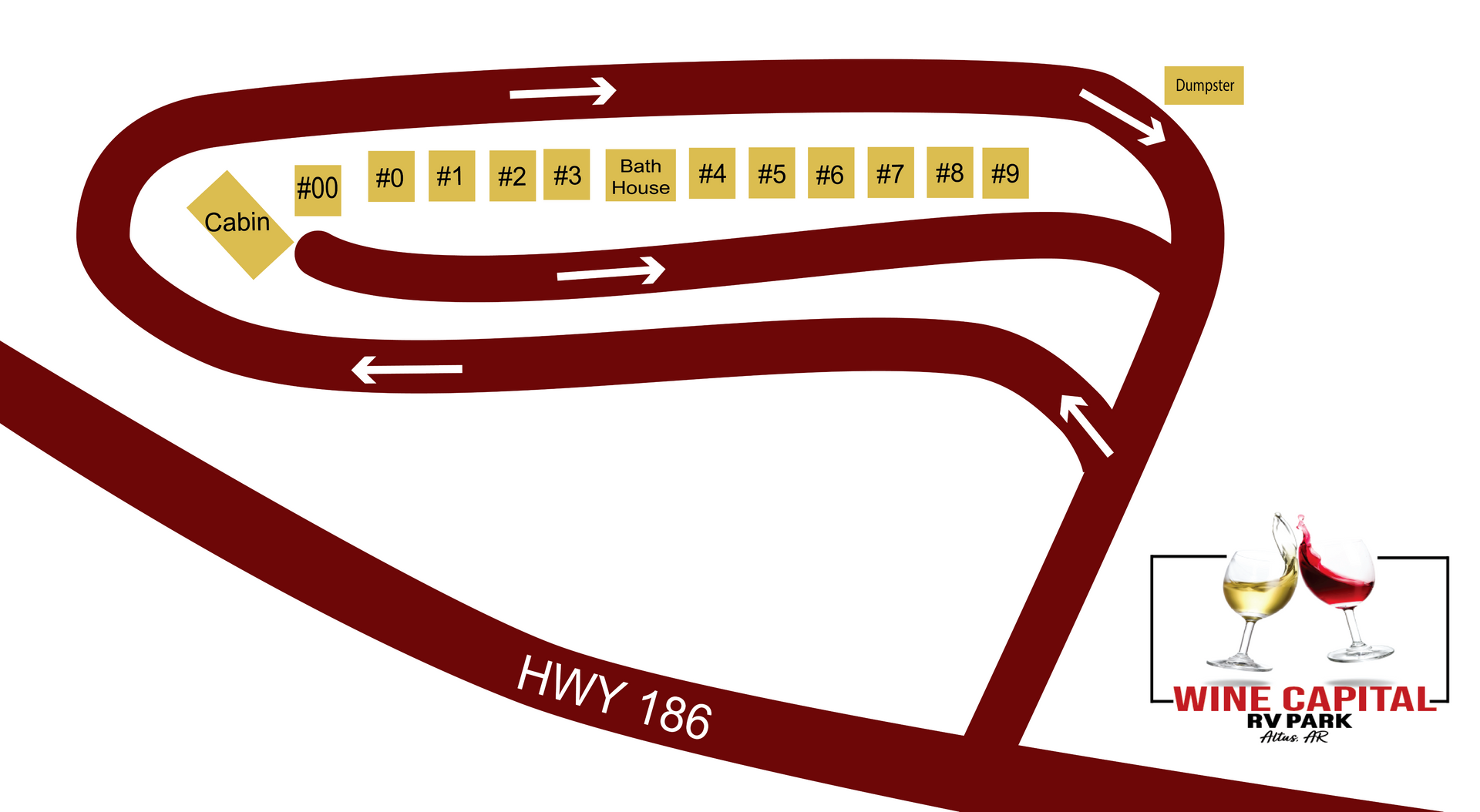 Stylized map of Wine Capital race track with labeled turns and road names on a white background