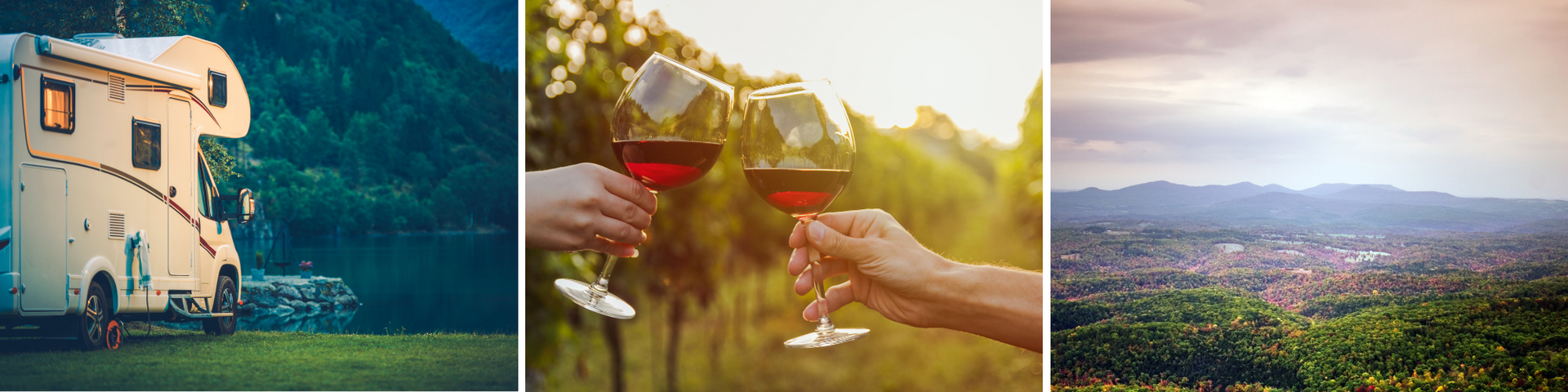 Three-panel collage: camper by a blue lake, wine glasses clinking in a vineyard, and a cityscape at sunset