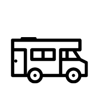 Black line icon of an RV camper van on a white background