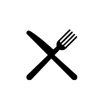 Black fork and knife crossed like an X on a white background