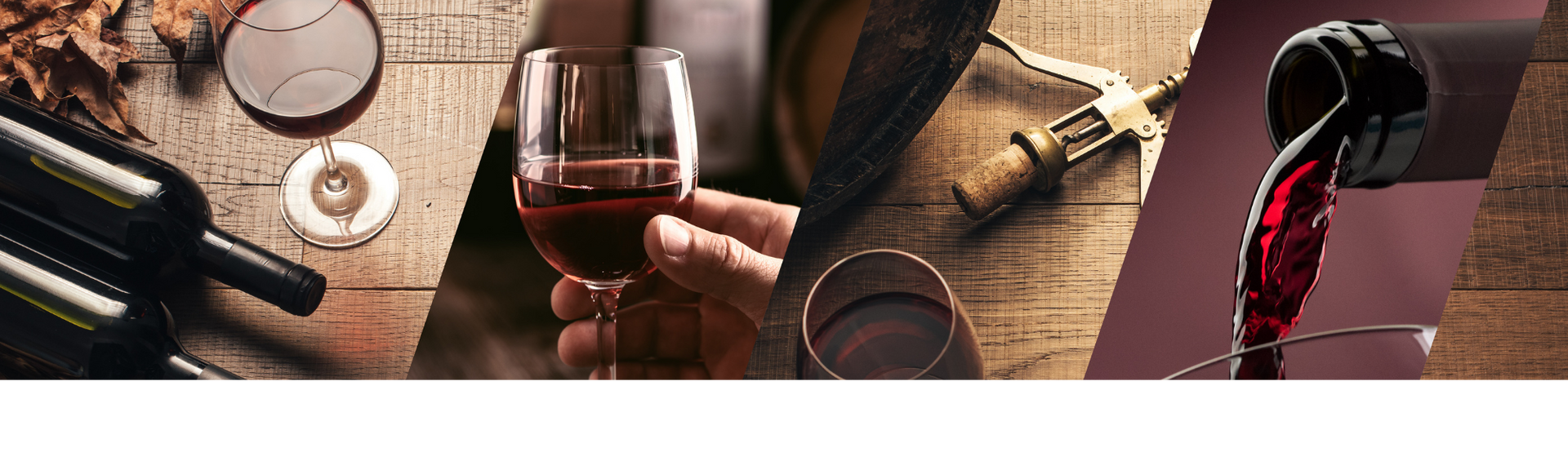 Wine tasting collage with glasses, a corkscrew, and red wine being poured into a glass