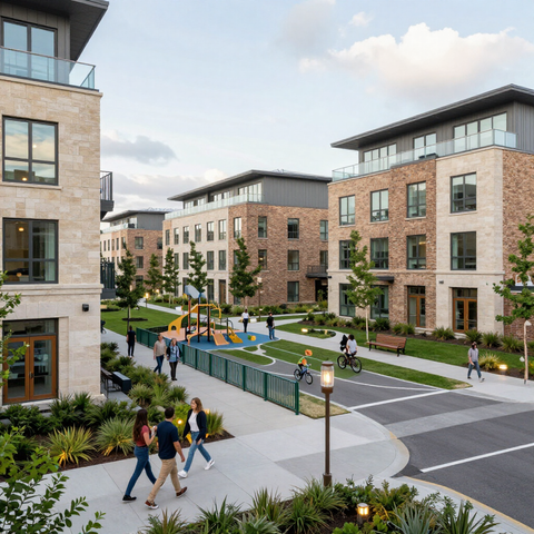 Modern apartment complex courtyard with people walking and children playing on a small green.