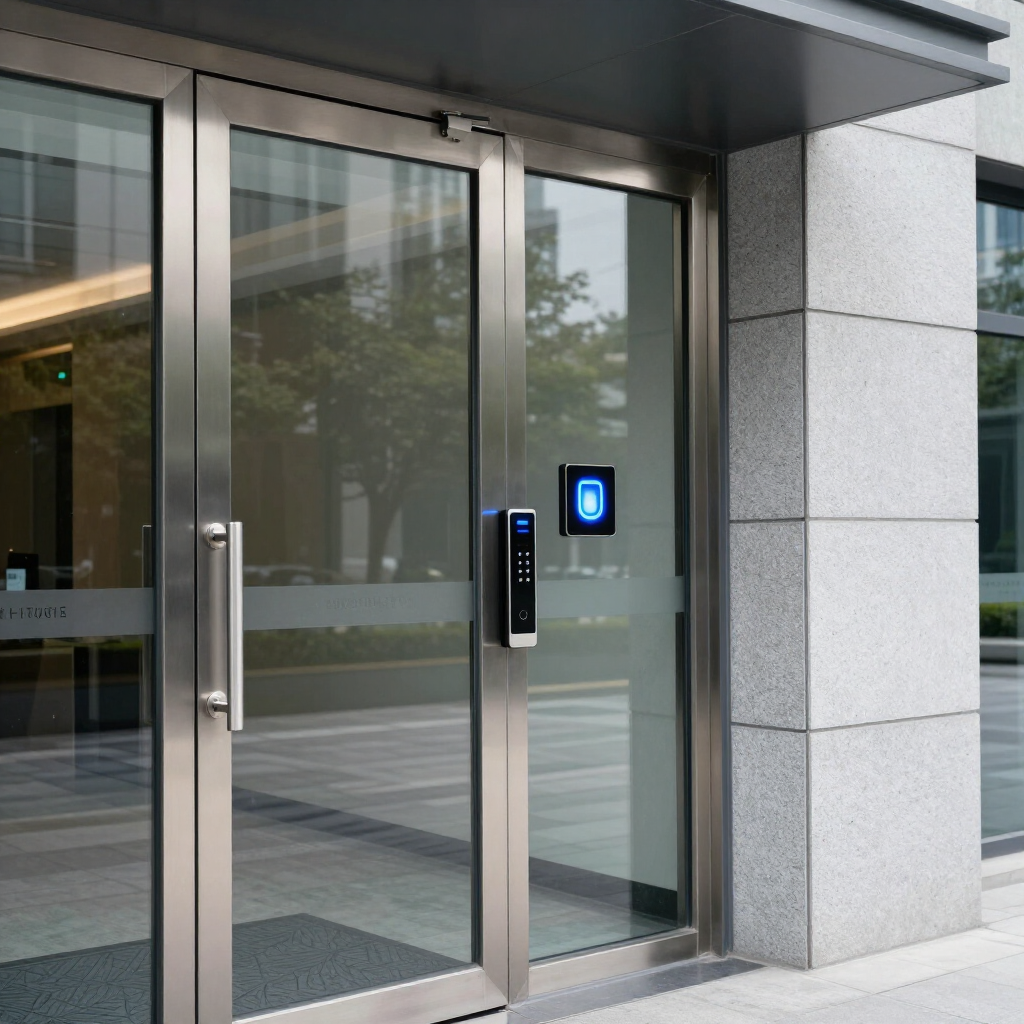 Glass building entrance with automatic door and blue access control panel