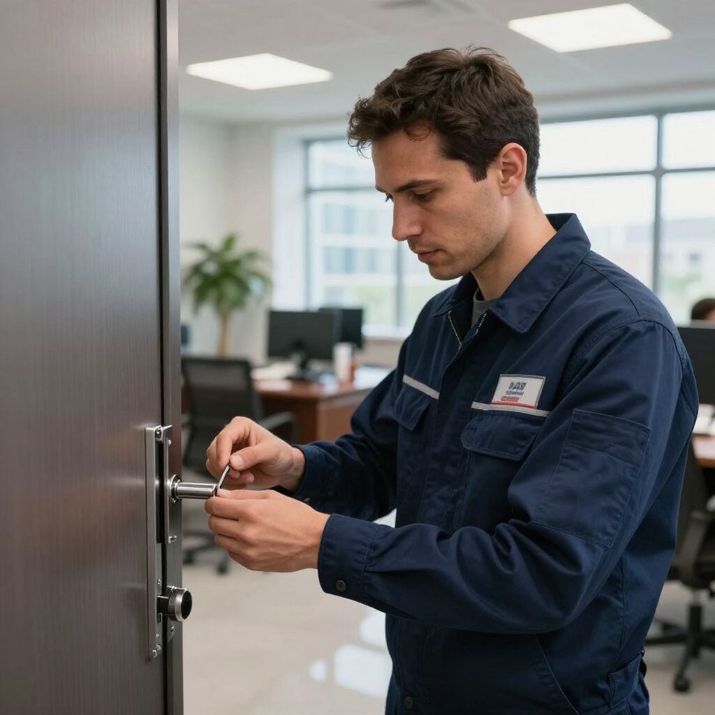 Technician unlocking an office cabinet with a key in a bright modern workspace