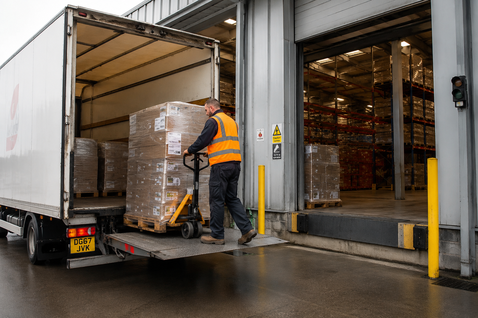 Warehouse worker unloading a pallet from a truck at a loading dock