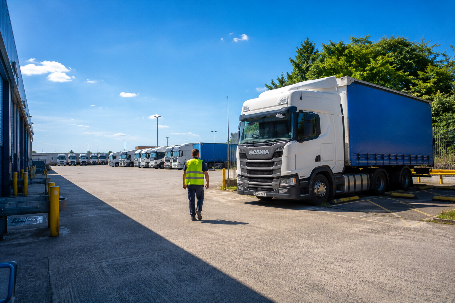 Logistics yard with large blue and white HGV truck and truck driver walking towards it
