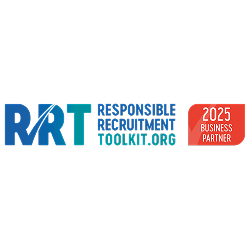 RRT Responsible Recruitment Toolkit logo with blue and teal text, website address, and 2025 Business Partner badge.