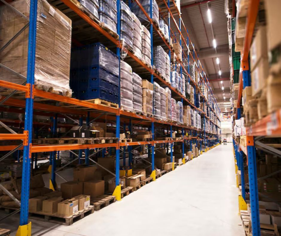Warehouse aisle with tall orange-and-blue racks stocked with boxes and pallets under bright lights