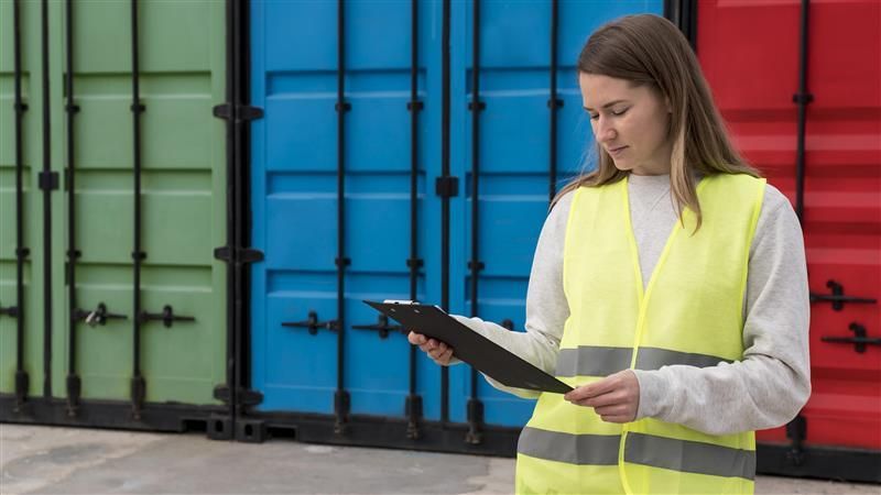 Woman in yellow safety vest reviews paperwork next to colorful shipping containers.