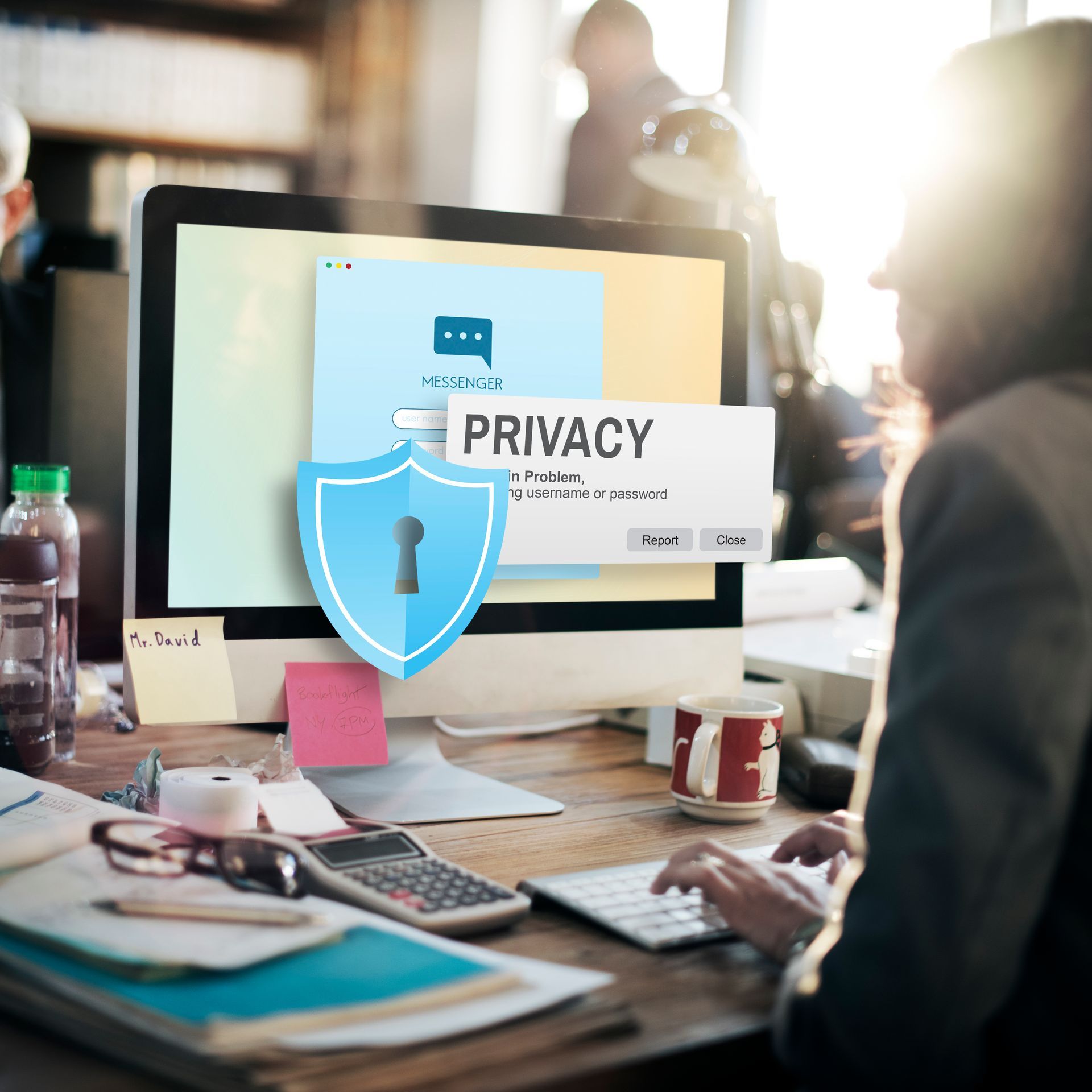 Woman at computer with privacy shield overlaid on the screen.