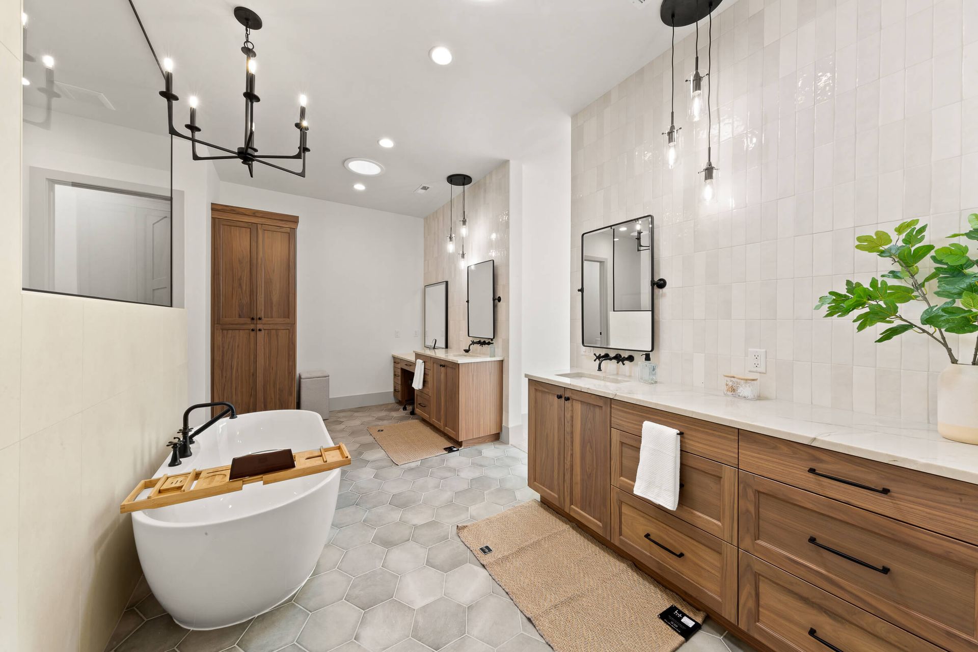 There is a bathtub in the middle of the bathroom.