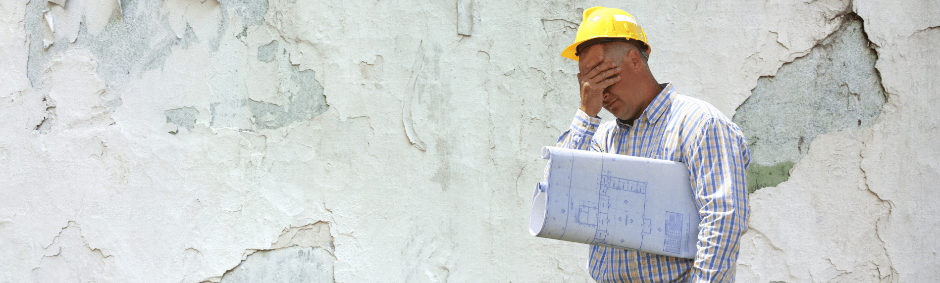 A man wearing a hard hat is holding a blueprint in front of a white wall.