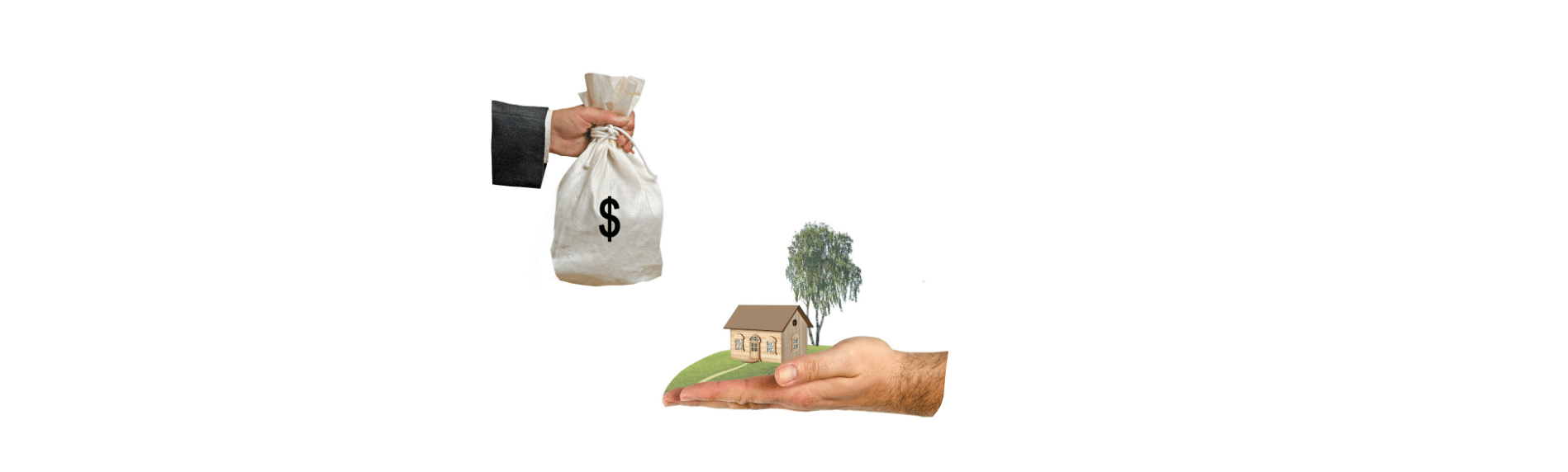 A person is holding a bag of money next to a house.