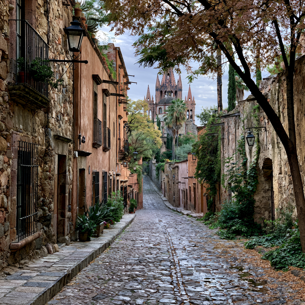 Calle empedrada de San Miguel de Allende con buganvilias, camino a un hotel boutique.