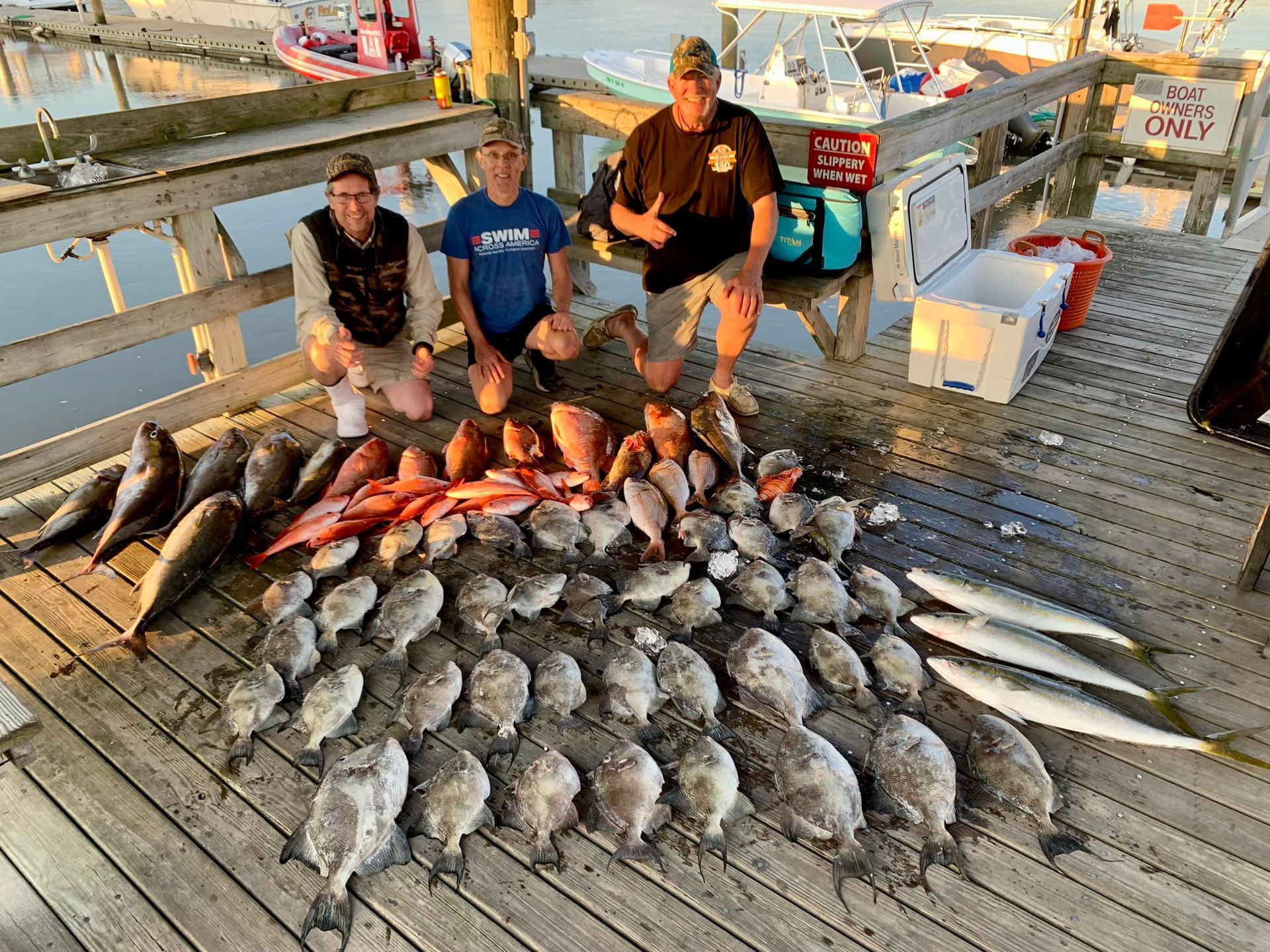 A group of people are sitting on a dock surrounded by lots of fish.
