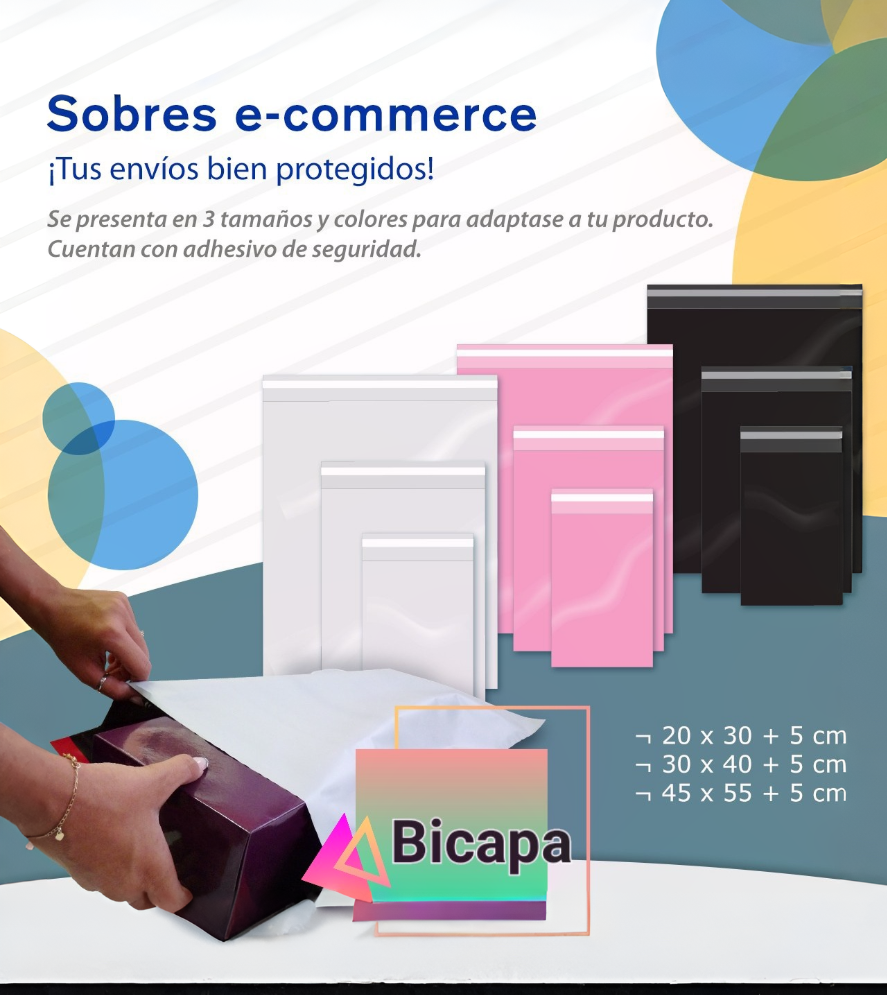 Sobres de envío para comercio electrónico en blanco, rosa y negro, disponibles en tres tamaños.