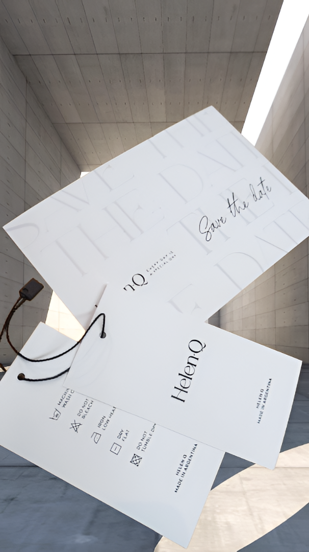 Una pila de etiquetas blancas de productos con la marca 