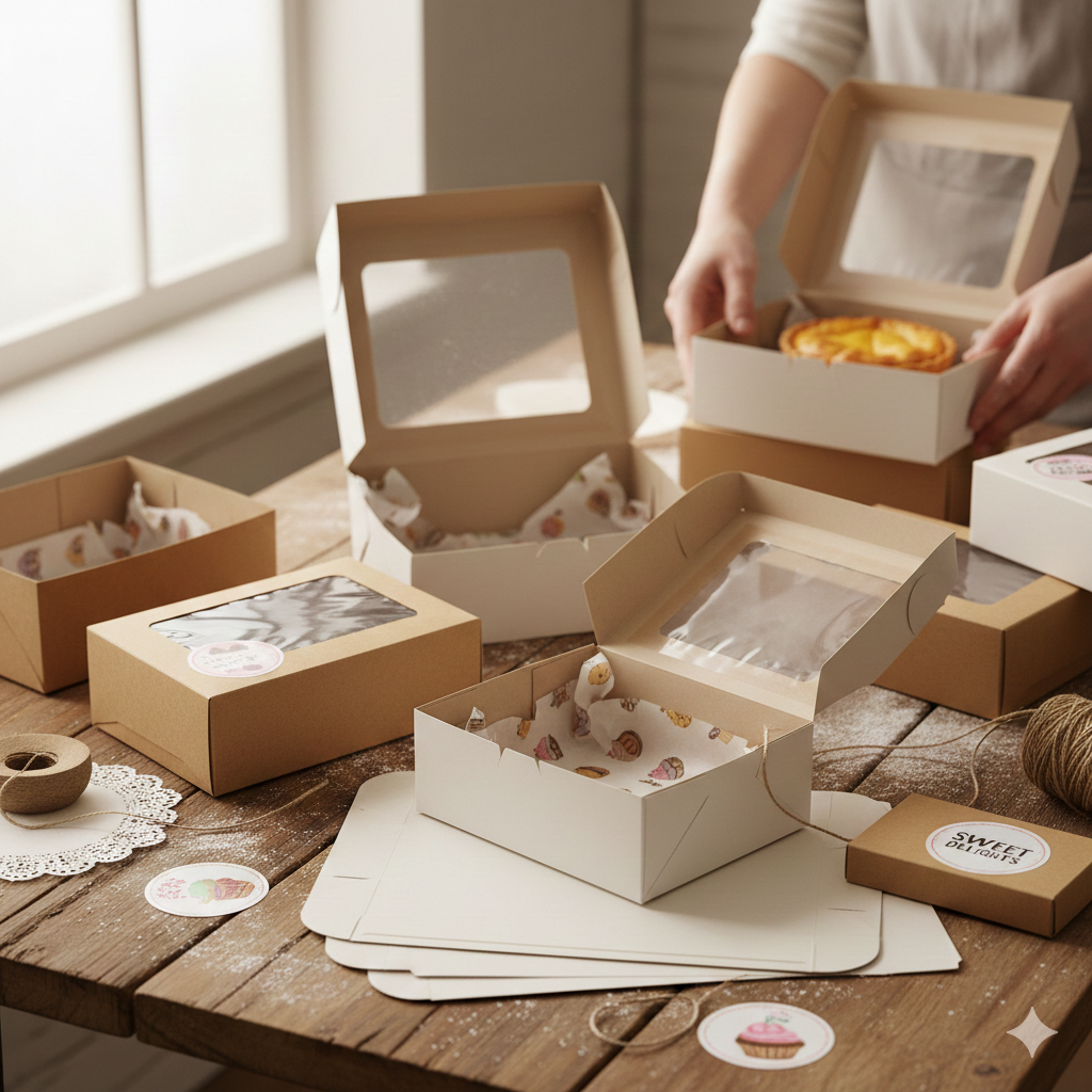 Cajas de cartón para pasteles con ventanas de exhibición reposan sobre una mesa rústica de madera.