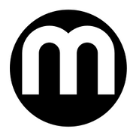 A white letter m in a black circle on a white background.