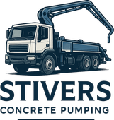 The logo for stivers concrete pumping shows a truck with a crane attached to it.
