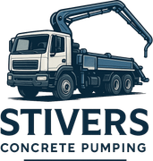 The logo for stivers concrete pumping shows a truck with a crane attached to it.