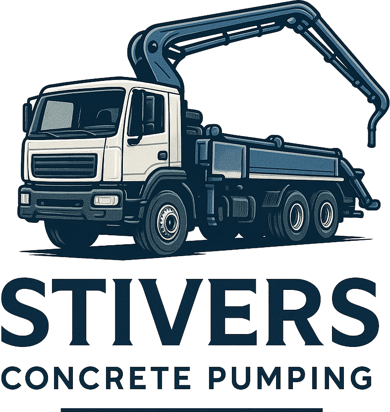 The logo for stivers concrete pumping shows a truck with a crane attached to it.