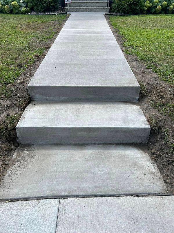 Concrete steps leading to a house with green grass on either side.