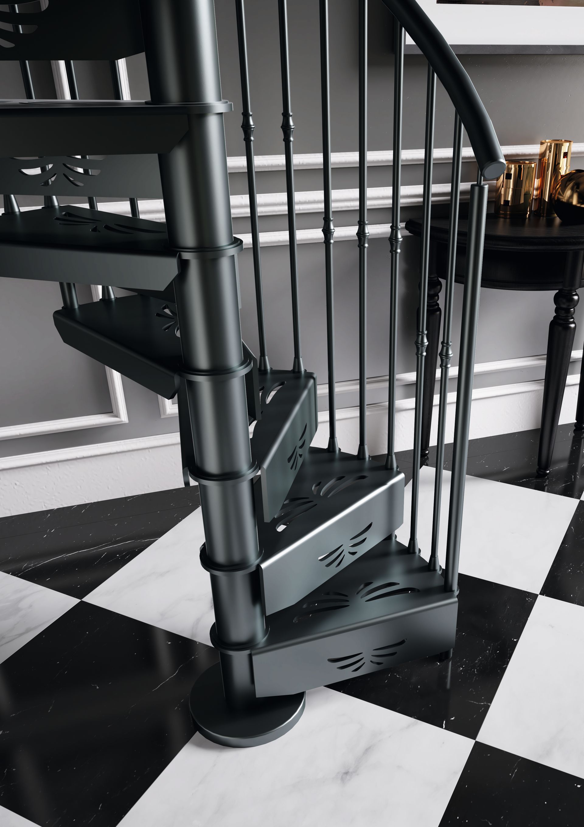 Scala a chiocciola nera in una stanza interna con pavimento a scacchi