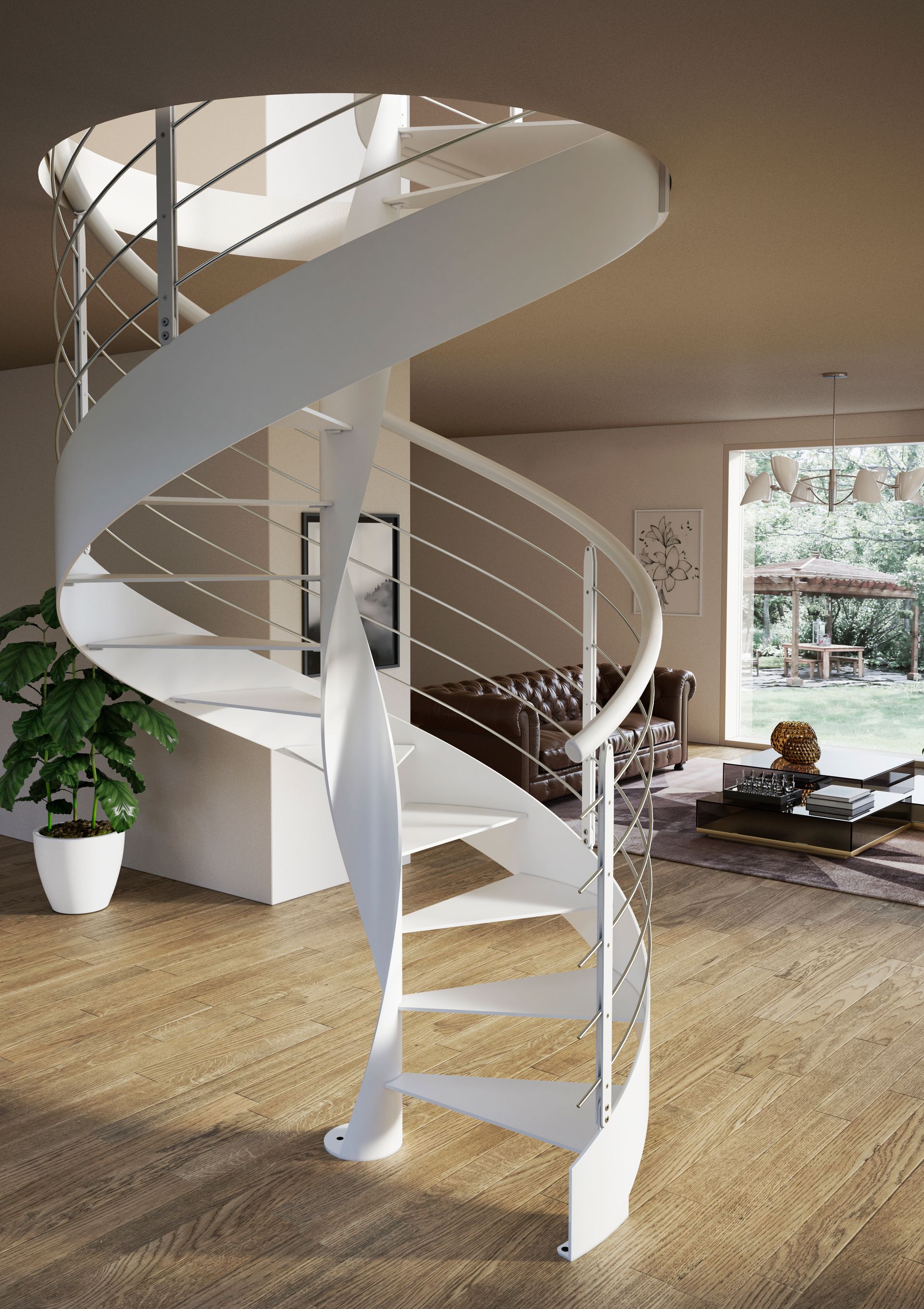 Scala a chiocciola bianca in un luminoso soggiorno con pavimento in legno e ampie finestre.