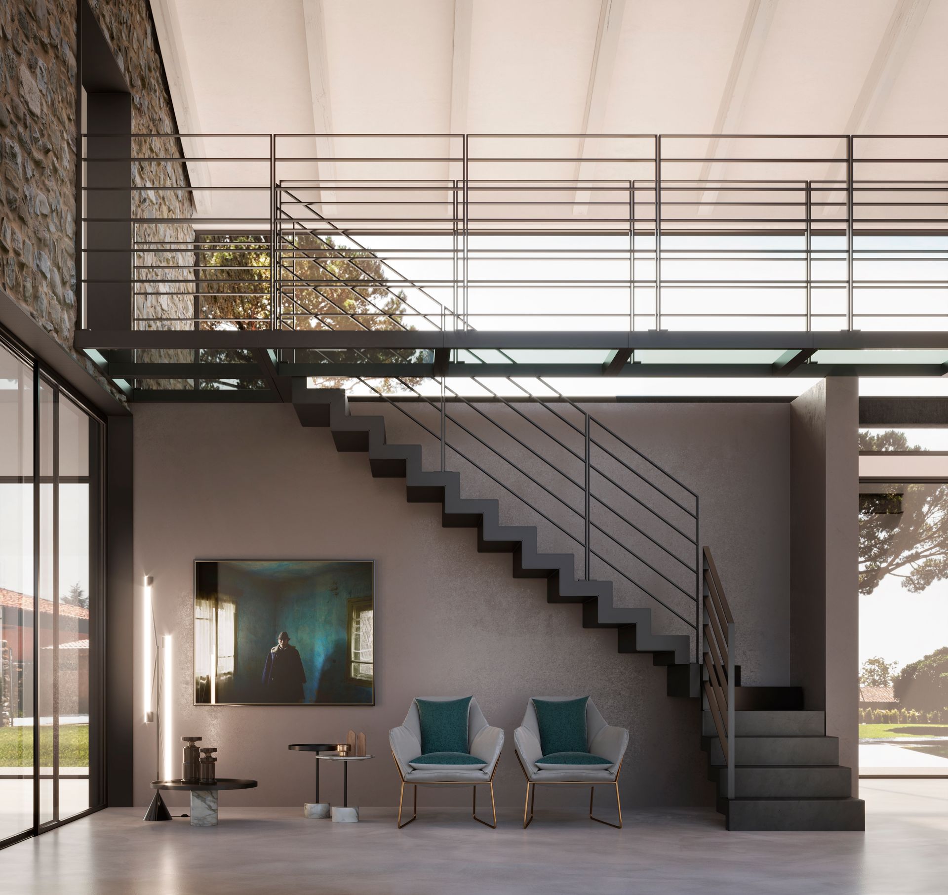 Interno di un loft moderno con scala nera, ringhiera del soppalco e due sedie color verde acqua sotto un dipinto murale.